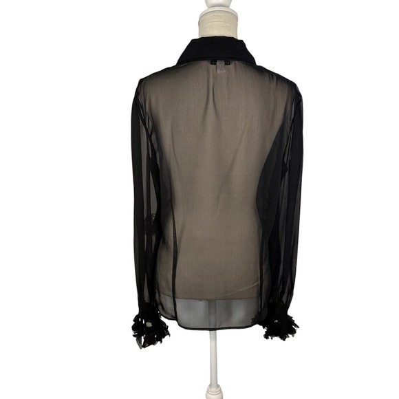 St John Womens Black Sheer Ruffle Front Button Up Blouse Size 10 Crystal Buttons - Picture 3 of 14